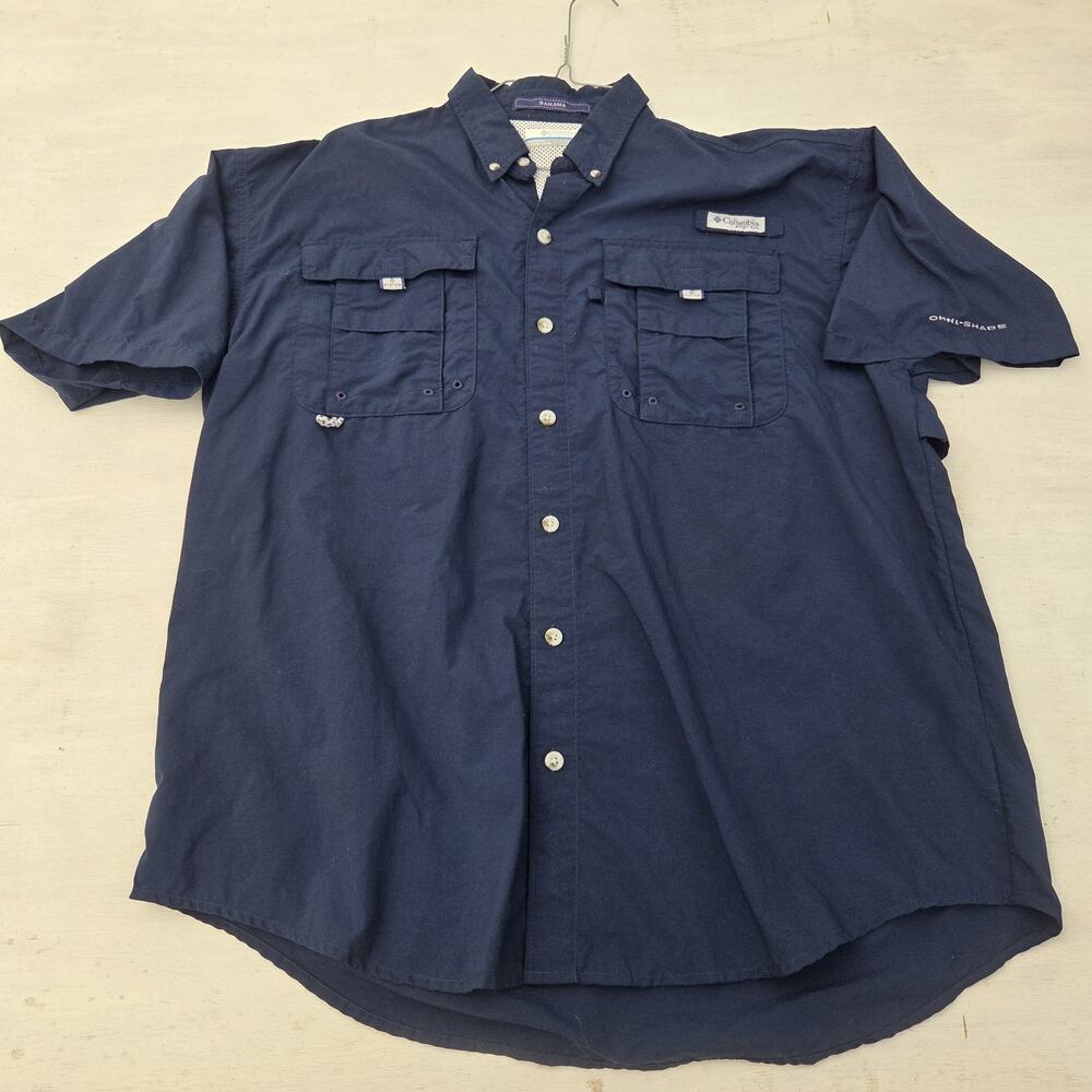 Columbia Mens M Omni Shade PFG Bahama Fishing Shirt Navy Blue Outdoor Pockets